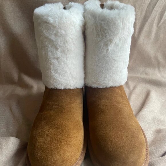 NEW KOOLABURRA BY UGG AUBREI SHORT CHESTNUT SUEDE FUR WOMEN'S BOOTS SIZE US 9 - Picture 3 of 13